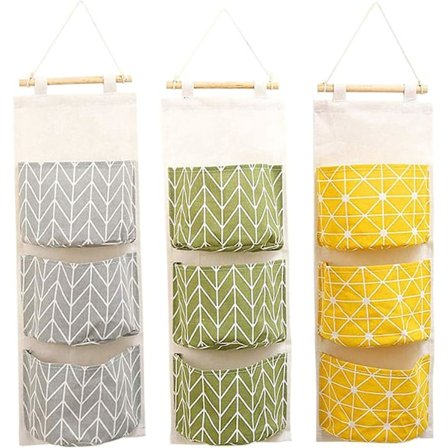 stk søt linstoff hengende oppbevaringspose bak sammenleggbar veggdør for oppbevaring av småting i gangen leker smykker nøkler 3 lommer grønn