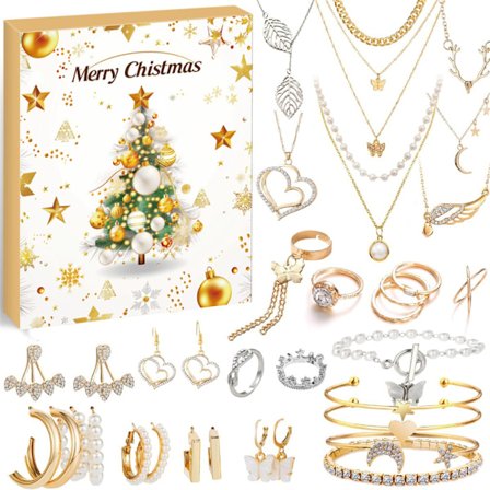 Jewelry Advent Calendar Surprise - 24 Piece Collection of Necklaces, Bracelets, and Rings for Christmas Festivities, Daily Surprises