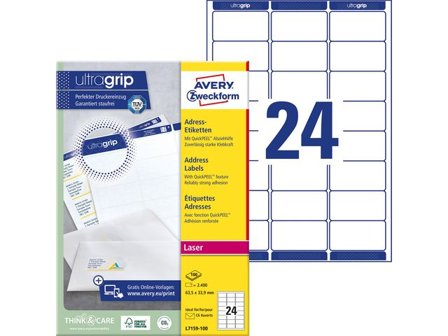 AVERY ZWECKFORM Etikett UltraGrip 63,5x33,9mm 2400/fp - Lyreco - Emballage och lagerutrustning - Etiketter och godsmärkning - Adressetiketter