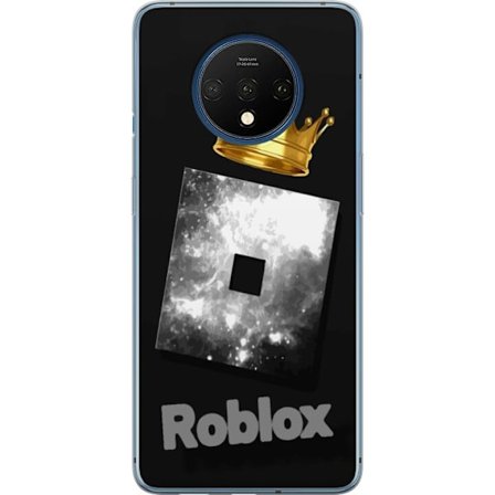 Kompatibelt Mobildeksel til OnePlus OnePlus 7T Minimalistisk svart og sølvfarget Roblox-symbol med gylden krone og luksuriøs gamer-estetikk på en m