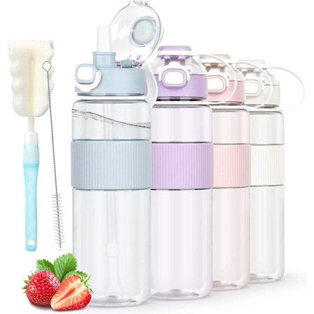 Vandflaske med sugerør, 1l med flaskebørste og klistermærke, lækagesikker drikkeflaske, BPA-fri gennemsigtig vandflaske