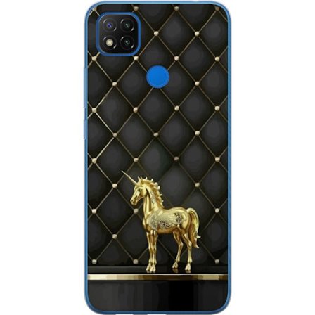 Yhteensopiva Puhelinkuori Xiaomi Redmi 9C NFC Kullankeltainen yksisarvinen peitellyllä taustalla