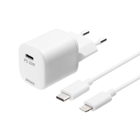USB-C PD 20 W wall charger, 1 m detach. USB-C to Lightning