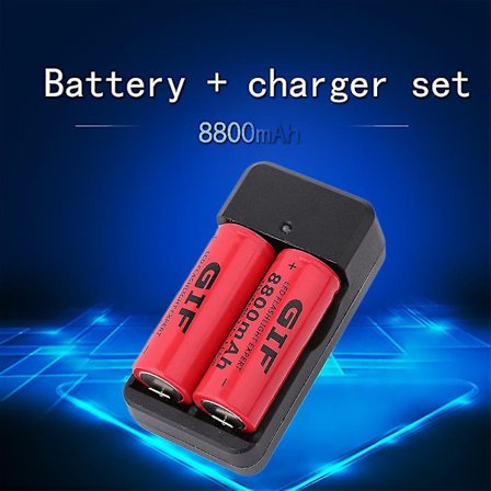 2 stk. 26650 3,7v 8800mah Oppladbart Li-ion Batteri + Lader Kompatibel med Lommelykt