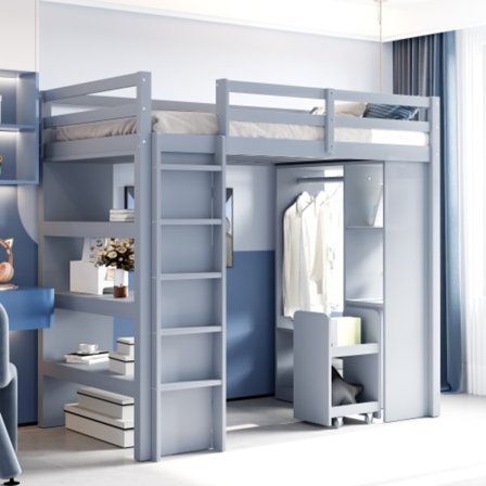 Barnloftsäng 90 x 200 cm med flera hyllor, enkla galgar och förvaringsfack, gott om förvaringsutrymme, enkelsäng, grå