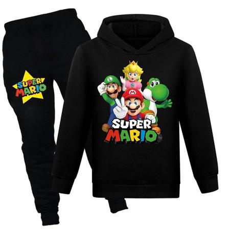 Super Mario Bros. Sportstøjsæt med print til børn Casual hættetrøjesæt Black 13-14 Years