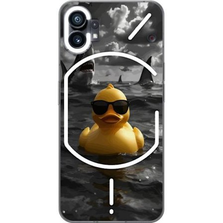 Kompatibel Mobilcover til Nothing Phone (1) En sej gul badeand med solbriller flyder roligt i havet mens hajer svømmer rundt i dramatiskt vand og mø