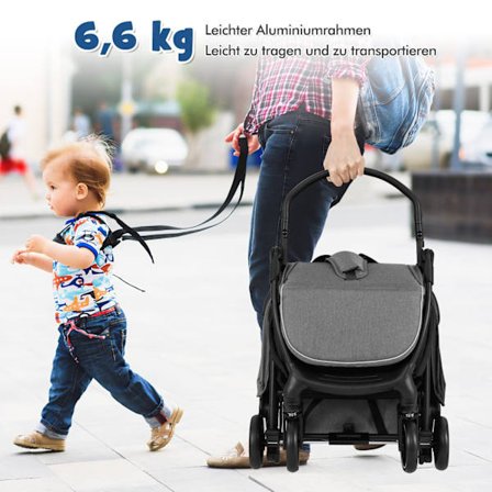 Sammenfoldelig rejseklapvogn med tilbagelænet, justerbart ryglæn, grå