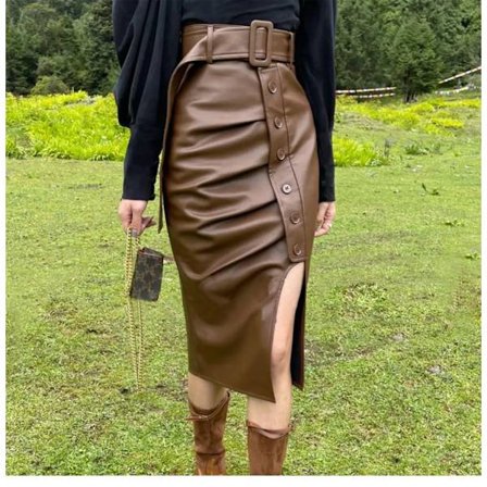 Aitoa nahkaa oleva lammasnahkainen naisten hame 2023 Uusi tyyli halkio korkea vyötärö kapea kiedottu lantio puolipitkä hame muoti Y2k