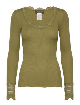 Silk T-Shirt W/ Lace T-shirts & Tops Long-sleeved Grønn Rosemunde