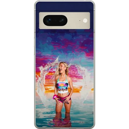 Kompatibel Mobilcover til Google Pixel 7 Blond kvinde i farverigt strandtøj, der leger i havet ved solnedgang