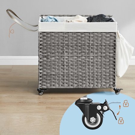 160 L vasketøjskurv med låg, hjul og tre rum - Grå