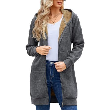 Dame Fleece Hoodie, Langærmet Jakke med Lynlås og Lommer til Vinterkomfort GRÅ XS
