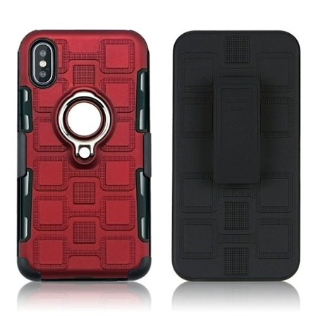 iPhone XS hybrid plast mobilskal med fingerring och metall magnet platta samt geometriskt mönster - Röd