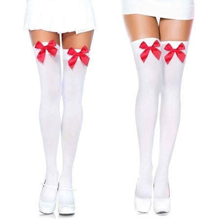 2 par hvide sokker over knæet med røde sløjfer, hvide knæstrømper til kvinder, jule-, halloween-, valentinsdagsgaver