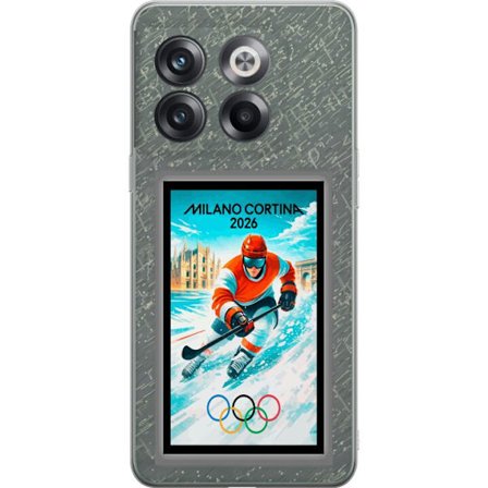 Kompatibelt Mobildeksel til OnePlus 10T Curlingillustrasjon med spillere og stein på is, Milano Cortina 2026, snøsprut og olympiske ringer