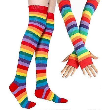 Over Knee Regnbue Lårhøje Strømper Handsker Sæt Cosplay Tilbehør Arm Benvarmer