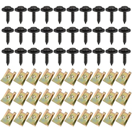 30 Sett med Skruer og Muttere, Bilkarosseri Skruer for Skjermer, U-Formet Metall Festeklips med Sekskant Hode Selvskjærende Skrue, Svart Hjul 