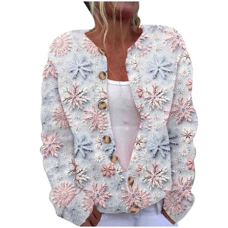 Julkofta för damer i stora storlekar med tryck, knappar, varm och bekväm grovstickad jacka