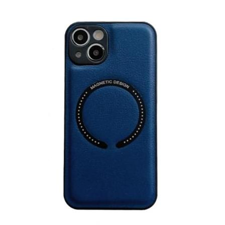 Iphone 14 Skal Litchi Textur Magsafe Mörk Blå
