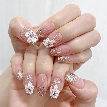 Blommor Press on Naglar Medium Fyrkantiga Lösnaglar Kamelia Kista Falska Naglar Glansig Rosa Lim 24st-4-Vit Blomma