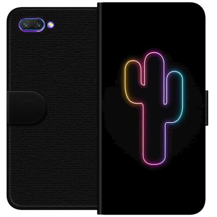 Yhteensopiva Lompakkokotelo Honor Honor 10 Neonpiirros kaktuksista vaaleanpunaisessa ja sinisessä valossa tummaa taustaa vasten