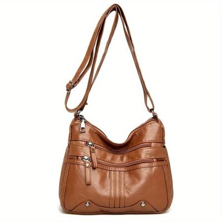 Crossbody-väska med dubbade dekor, damväska med multi fickor, axelväska i PU-läder Light Brown
