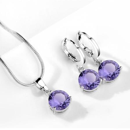 Silver Smyckesset - Halsband & Örhängen - Lila Cz Kristall Lila