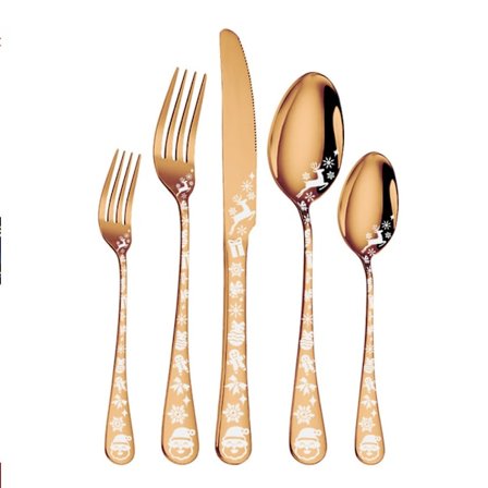 |NN| 5-delt julebestiksæt i rustfrit stål, bestiksæt med julesnefnug og hjortemønster, køkkenredskaber, rosaguld