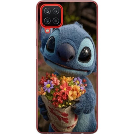 Kompatibelt Mobildeksel til Samsung Samsung Galaxy A12 Søt blå figur med store øyne som holder en fargerik bukett i varm og søt stil