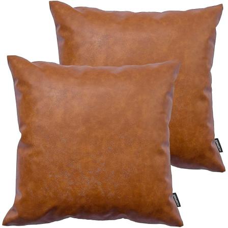 Putetrekk i Kunstlær, 18 x 18 Tommer Sett med 2 Tykke Cognac Brun Moderne Solide Dekorative Firkantede Putetrekk for Sofa