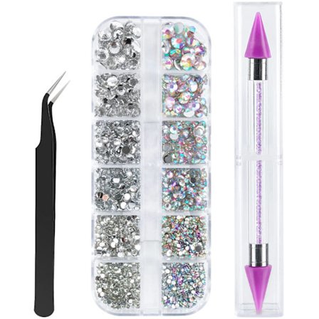 Rhinestones i 6 størrelser Gems-Nail Art Gems med Pick Up Pinsett og Rhinestone Picker Dotting Pen