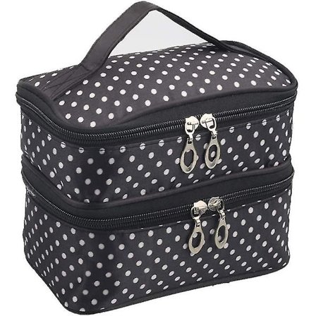 Double Layer Small Cosmetic Bag With Mirror, Waterproof Travel Toiletry Bag, Black With White Polka