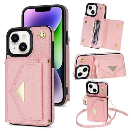 For iPhone 14 Deksel Kortlomme Ripebestandig Lær+TPU Deksel med Skulderstropp