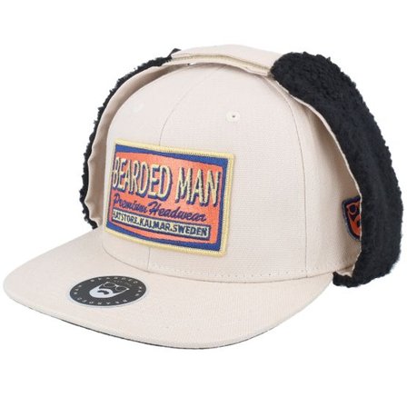 Bearded Man - Beige earflap Keps - Logo Patch Red/Blue Canvas Beige/Black Earflap @ Hatstore