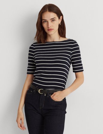Lauren Ralph Lauren Striped Stretch Cotton Boatneck Tee - Navy - M