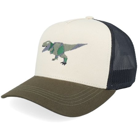 Kiddo Cap - Kids Green Paper T-rex Stone/Black/Olive A-frame Trucker Trucker Beige Cap - @ Hatstore