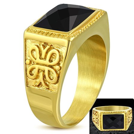 Klackring Herr Ring i Kirurgiskt Stål 316L i Guld färg med Svart CZ Kristall & Fint Mönster - Stl 18