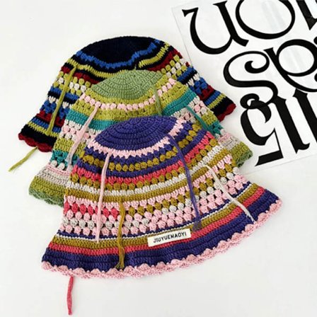 Korean Retro Stripe Handmade Crochet Bucket Hats Autumn and Winter Y2k Fisherman's Cap Women Tassel Colored Wool Hats