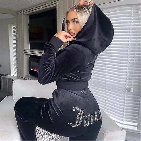 Kvinners fløyelsaktig Juicy joggedress Couture joggedress todelt sett Couture joggedresser svart S