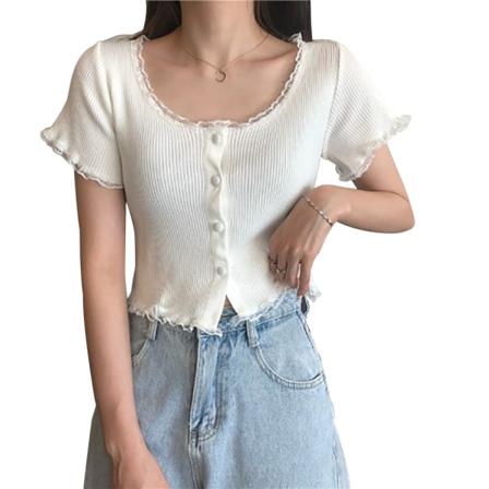 Crop Top Kvinnor Spets U-hals Tunn Coat Stickad Knapp Kort Ärm