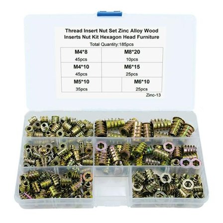 185 stk. gjengeinnsatser for tre, innsatsmuttere, møbelmuttere