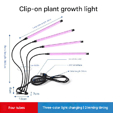 3 väriä kasvivalo / kasvivalaisin joustavalla LED-valoputkella, 1 pakkaus, sopii kasvien kasvuun. 4 putkea