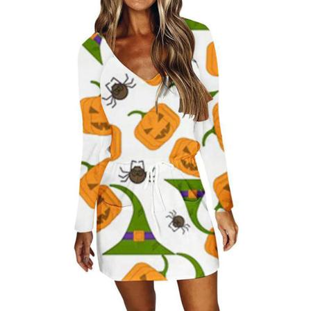 Dam V-hals Kort Mini Klänning Print Halloween Klänningar