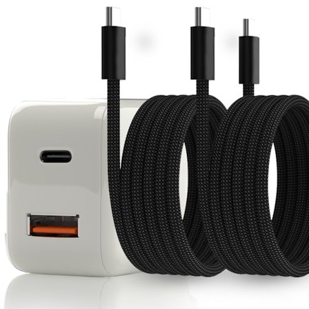 Snabb väggladdare 20W – USB-C PD & USB-A med 2x USB-C-kablar (1m)
