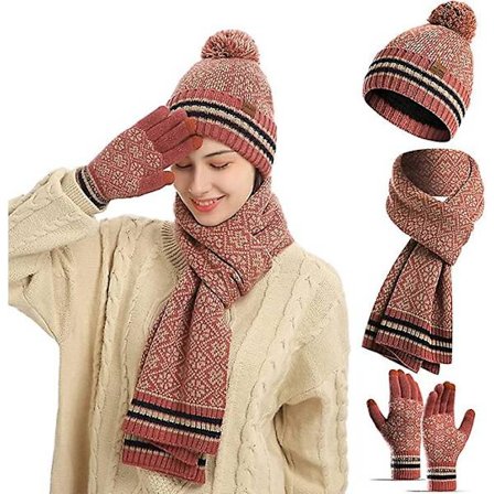 3-i-1 Vinter sæt til damer, hue, halstørklæde, handsker, varmt halstørklæde rustbrun (FMY)