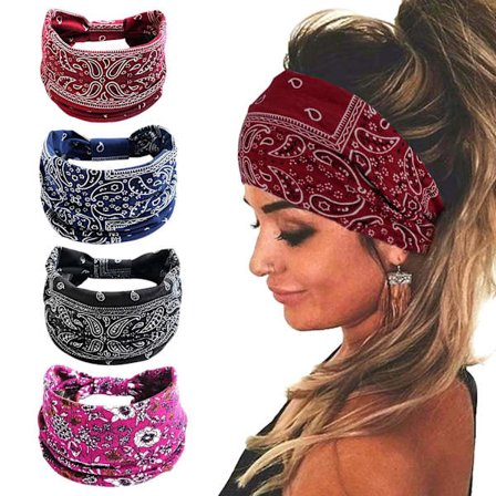 4 stk brede Boho-hodebånd for kvinner elastisk sklisikker pannebånd
