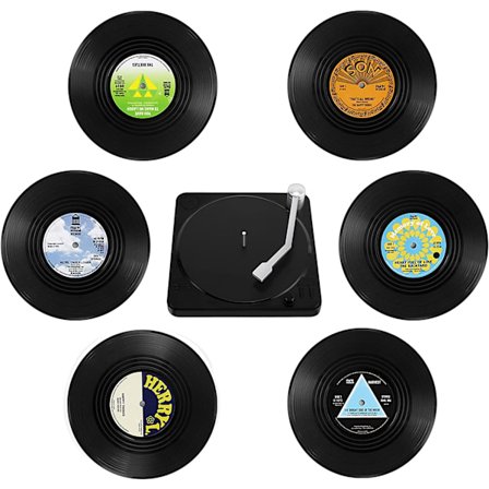 10,5 x 10,5 x 0,2 cm Vinyl Coasters, Set med 6 CD Retro Coasters