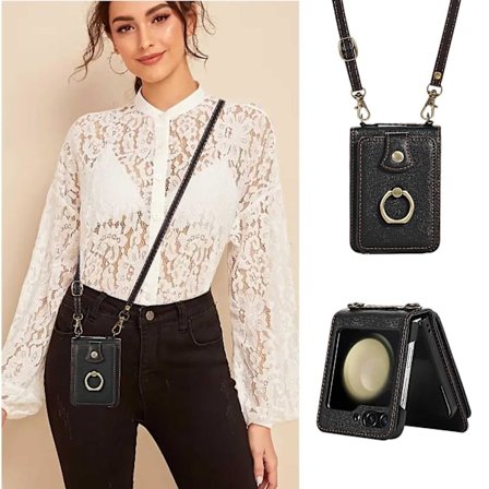 For Samsung Galaxy Z Flip 6 Crossbody Wallet Case, Crossbody Shoulder Strap Ring Stand RFID Credit Card Holder Leather Case
