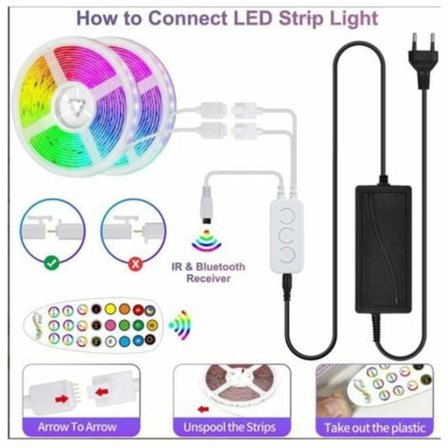 20M LED-remsa, Flerfärgad Musikalisk RGB LED-remsa med Fjärrkontroll, Självhäftande LED-remsa, 16 Färger och 4 Lägen Deko